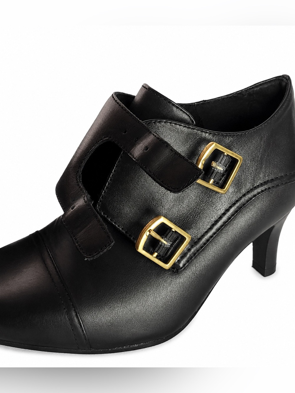 Clarks Bendables Black Leather Double Monk Strap Block Heel Booties - Size 9 - Picture 10 of 15